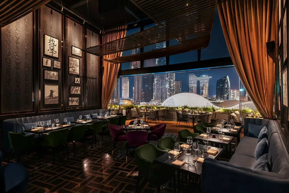 A fine dining restaurant in Dubai World Trade Center with a beautiful night skyline view.